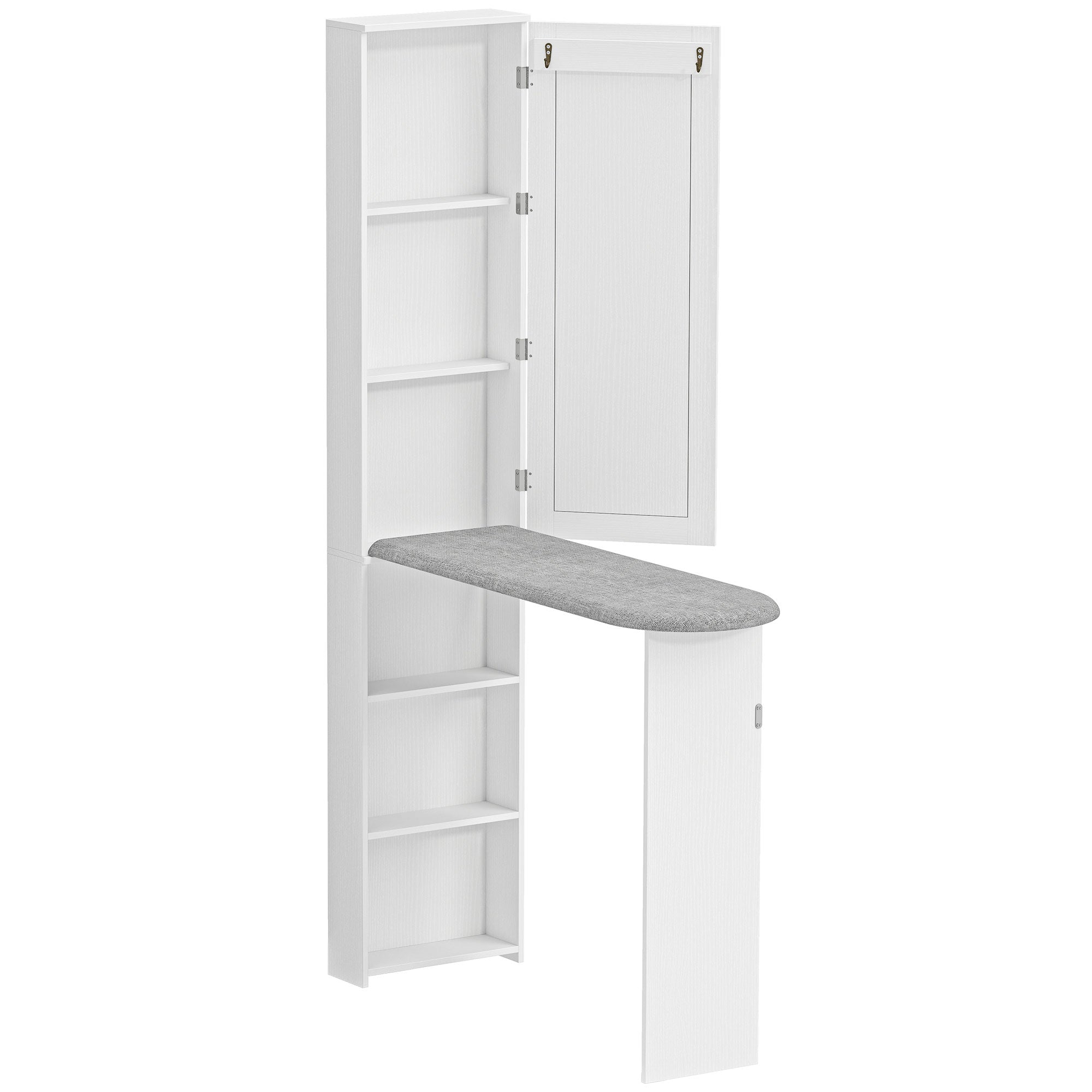 Foldable Ironing Board Cabinet with Door, Internal Shelves & Mirror — Space-Saving Ironing Station for Laundry Rooms or Small Spaces, 106 x 35 x 174 cm (41.7 x 13.8 x 68.5 in), White