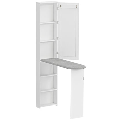 Foldable Ironing Board Cabinet with Door, Internal Shelves & Mirror — Space-Saving Ironing Station for Laundry Rooms or Small Spaces, 106 x 35 x 174 cm (41.7 x 13.8 x 68.5 in), White