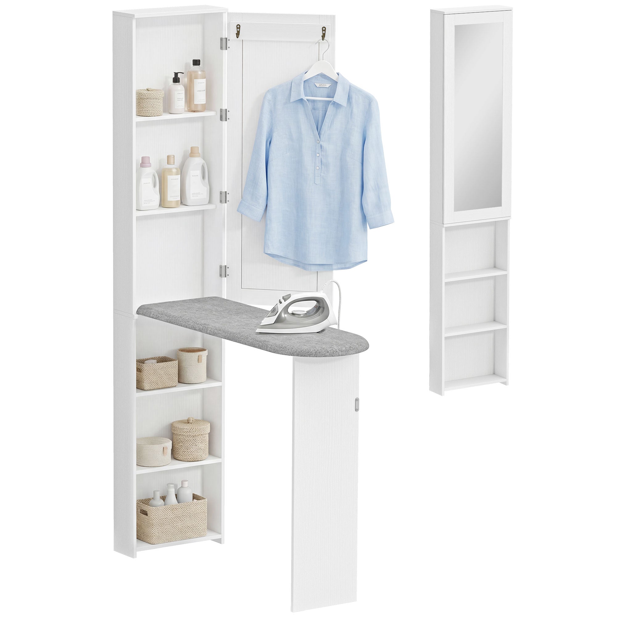 Foldable Ironing Board Cabinet with Door, Internal Shelves & Mirror — Space-Saving Ironing Station for Laundry Rooms or Small Spaces, 106 x 35 x 174 cm (41.7 x 13.8 x 68.5 in), White