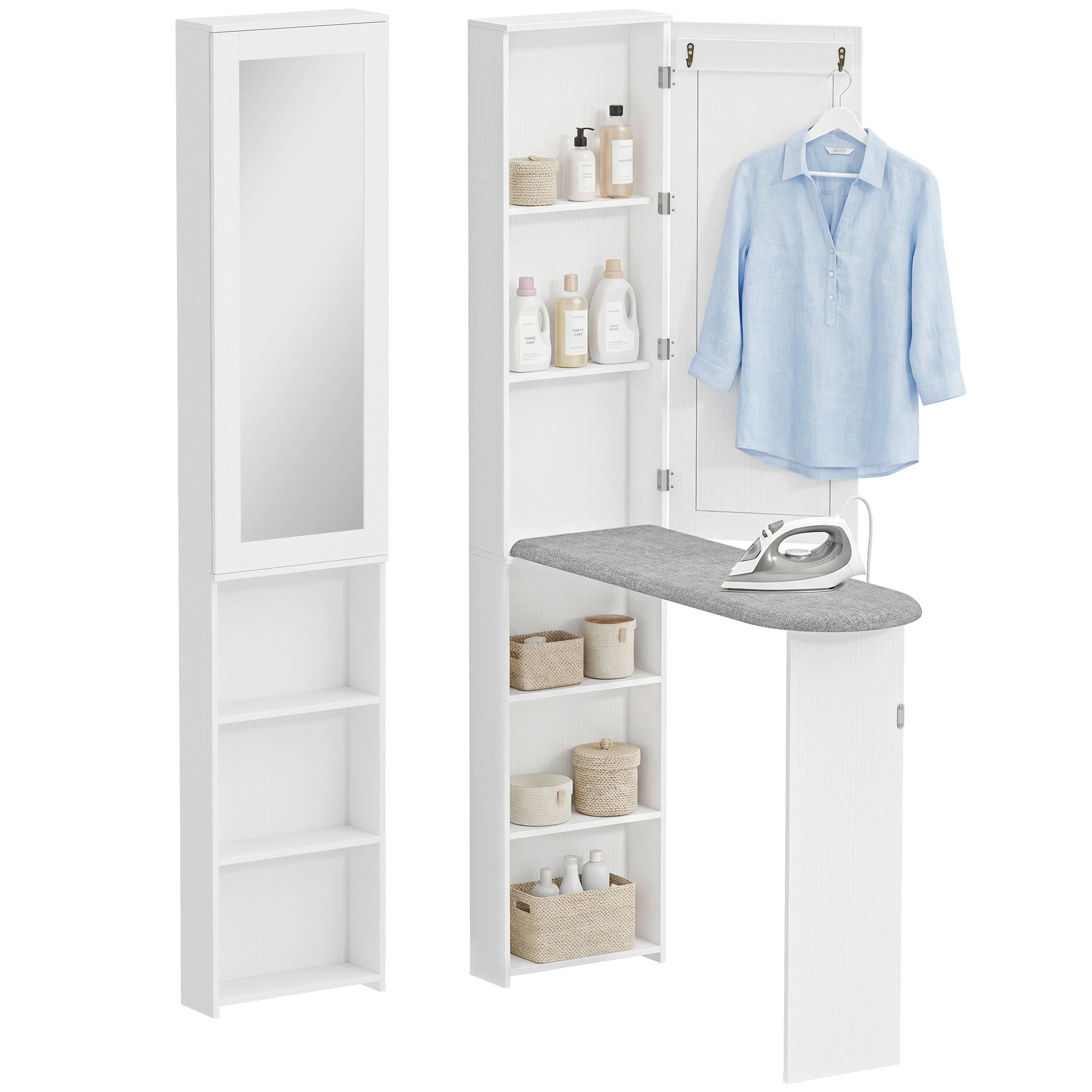 Foldable Ironing Board Cabinet with Door, Internal Shelves & Mirror — Space-Saving Ironing Station for Laundry Rooms or Small Spaces, 106 x 35 x 174 cm (41.7 x 13.8 x 68.5 in), White