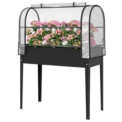 Raised Planter with Removable Greenhouse Cover, Lift-Top Planter Bed with Roll-Up Zip Door, Drainage Hole, Metal Vegetable Planter for Garden/Balcony, 39.4 x 19.3 x 53.5 in (100 x 49 x 136 cm) – Black