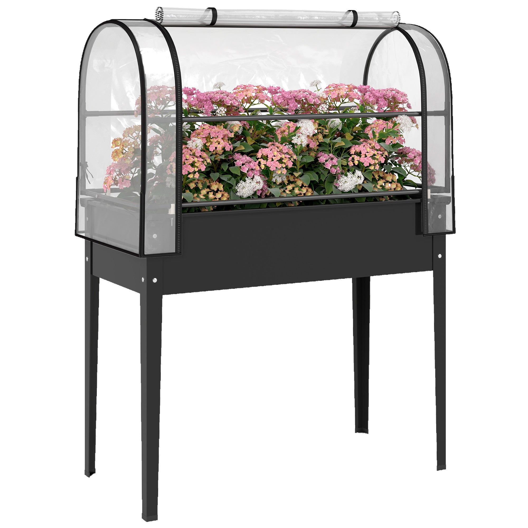 Raised Planter with Removable Greenhouse Cover, Lift-Top Planter Bed with Roll-Up Zip Door, Drainage Hole, Metal Vegetable Planter for Garden/Balcony, 39.4 x 19.3 x 53.5 in (100 x 49 x 136 cm) – Black