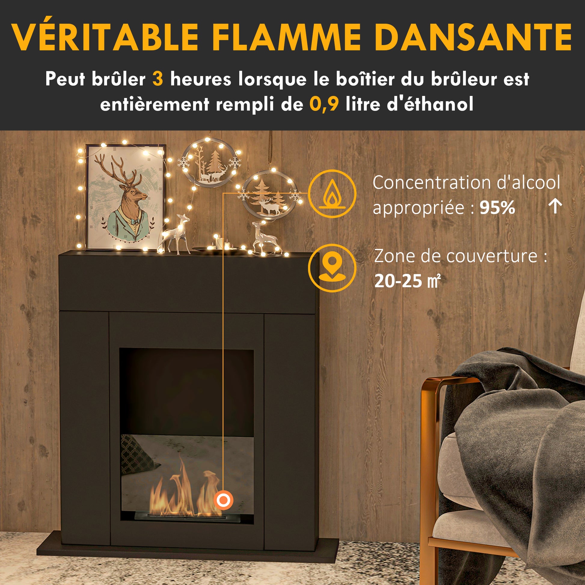 Bioethanol Fireplace Burner 0.9L, approximately 3-hour burning time 73 x 20 x 75 cm coverage 20-25 m² black steel