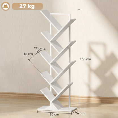 Tree-Shaped 9-Tier Slim Bookshelf, Corner/Storage Shelf for CDs, DVDs, Vinyl, Living Room, Bedroom, Office, White