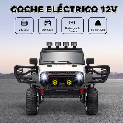 Electric Car for Children +3 Years All-Terrain Kids Electric Car with 12V Battery Remote Control Amortized Wheels Bluetooth LED Headlights Horn Music White