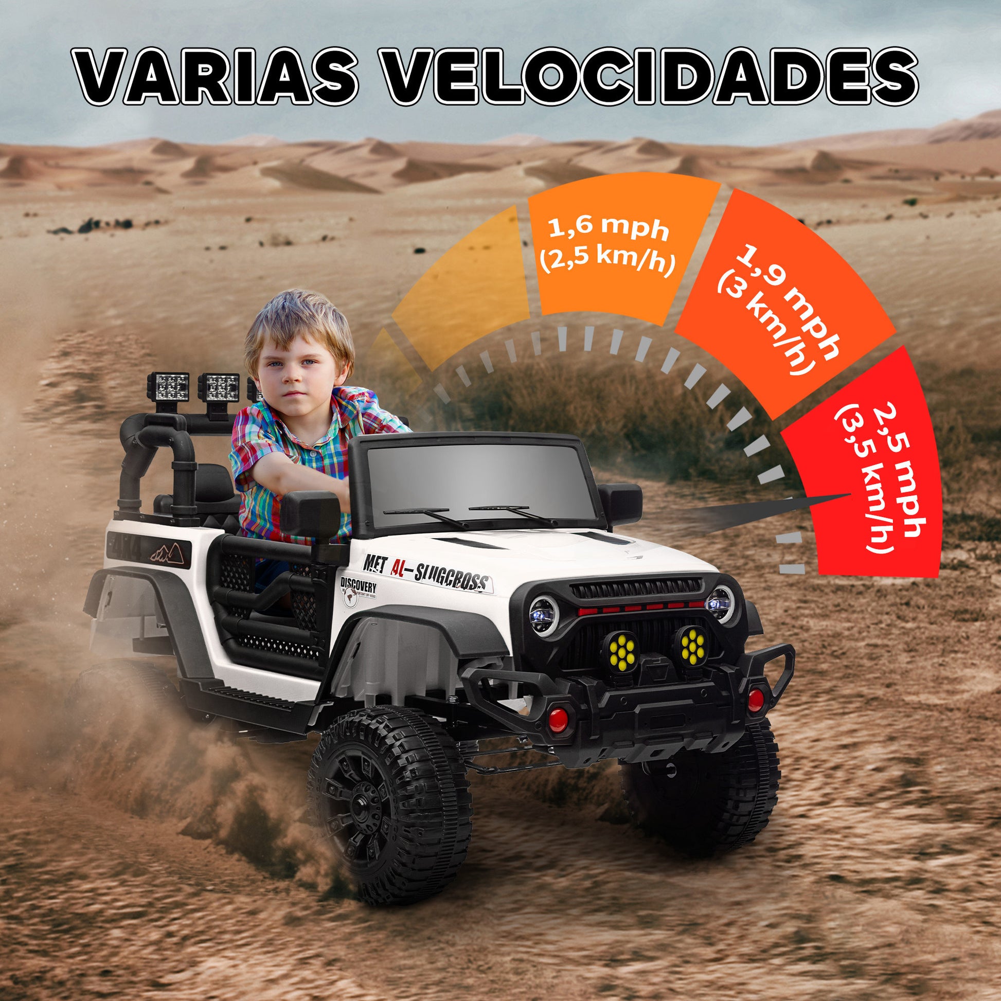 Electric Car for Children +3 Years All-Terrain Kids Electric Car with 12V Battery Remote Control Amortized Wheels Bluetooth LED Headlights Horn Music White