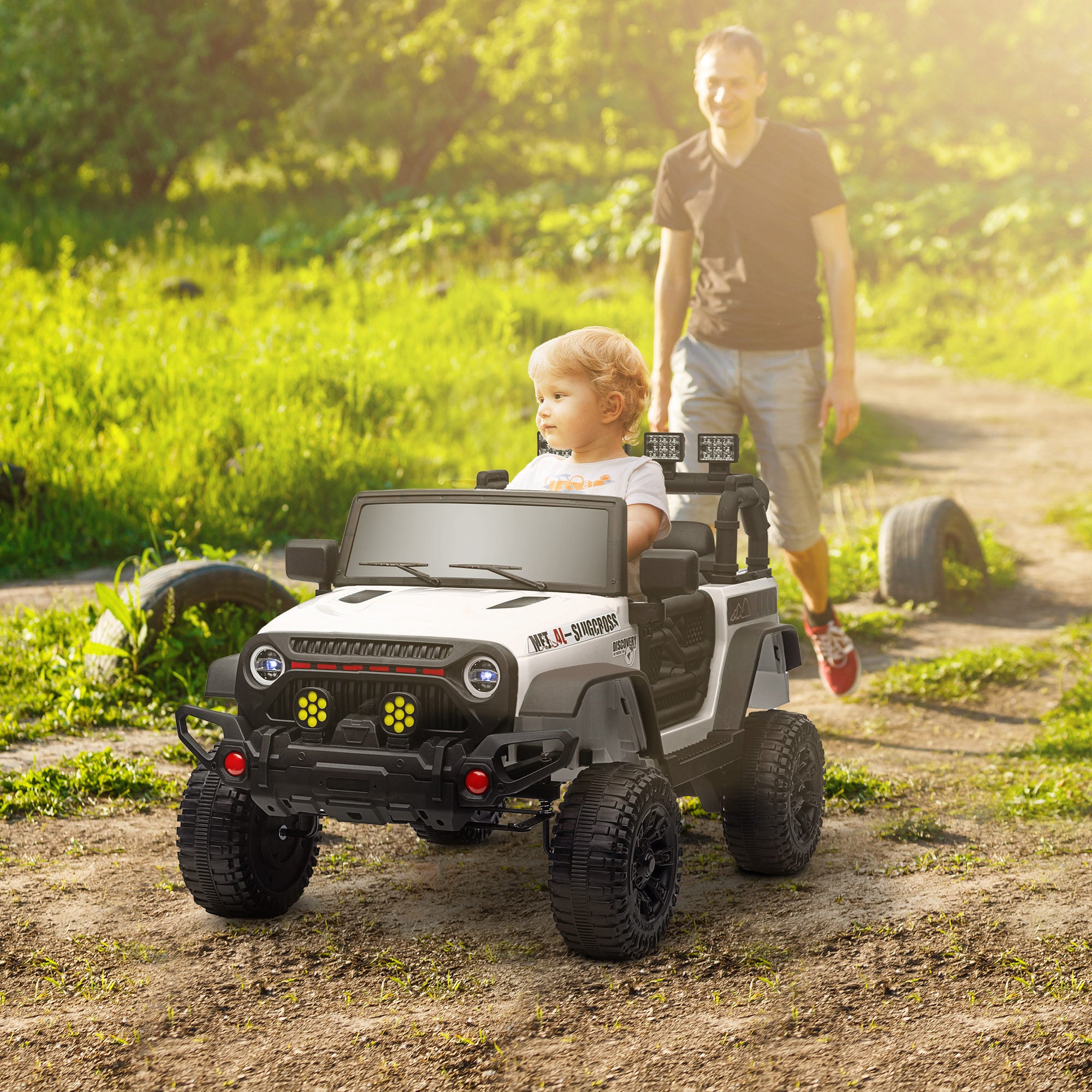 Electric Car for Children +3 Years All-Terrain Kids Electric Car with 12V Battery Remote Control Amortized Wheels Bluetooth LED Headlights Horn Music White
