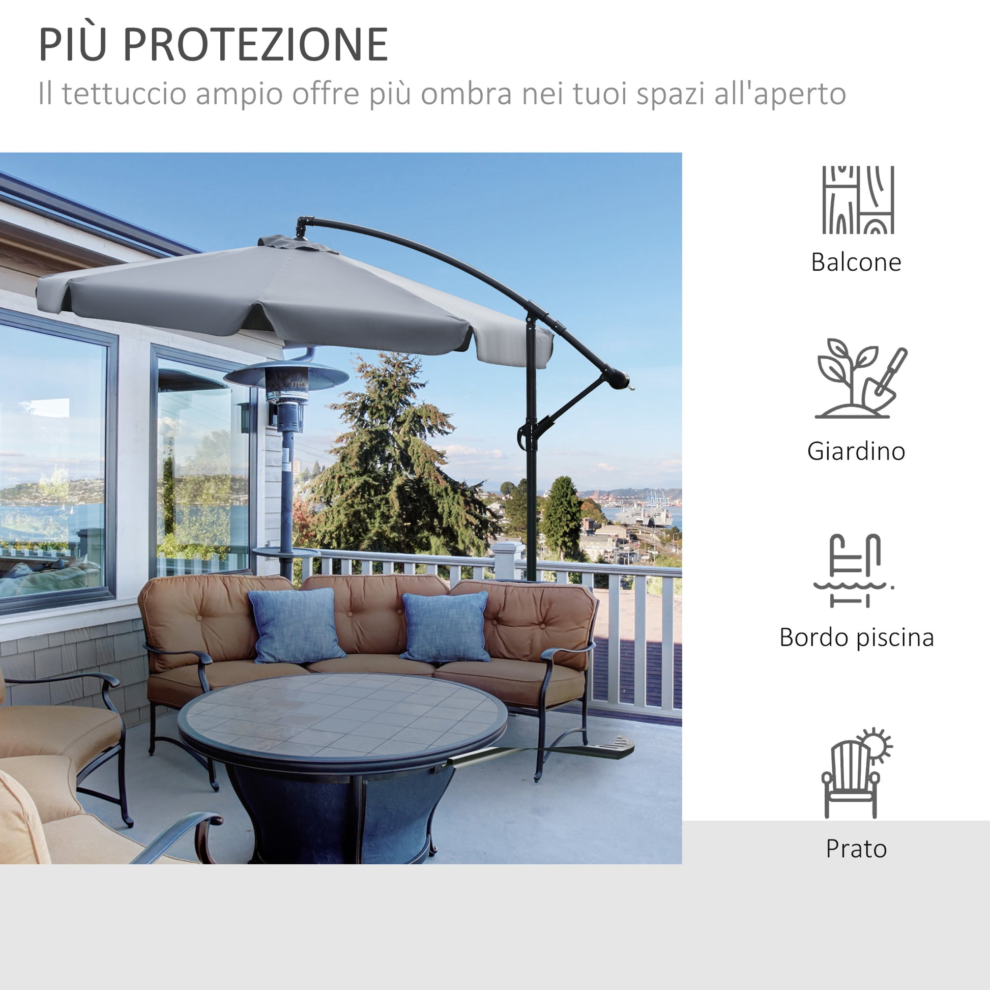 Offset Garden Umbrella 2.7x2.7m with Adjustable Canopy, Cross Base, Air Vents, Crank, Tilted Patio Umbrella in Metal and Polyester, for Yard Terrace, Dark Gray