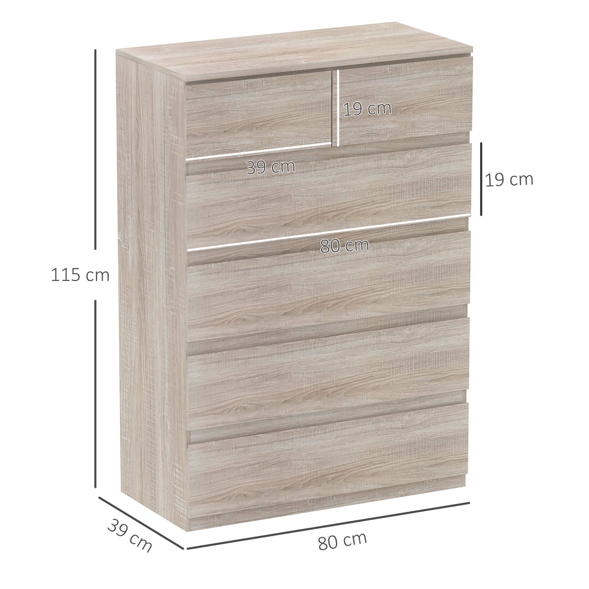 6-Drawer Chest of Drawers Storage Unit with Minimalist Handleless Design - 80 x 39 x 115 cm - Natural Wood