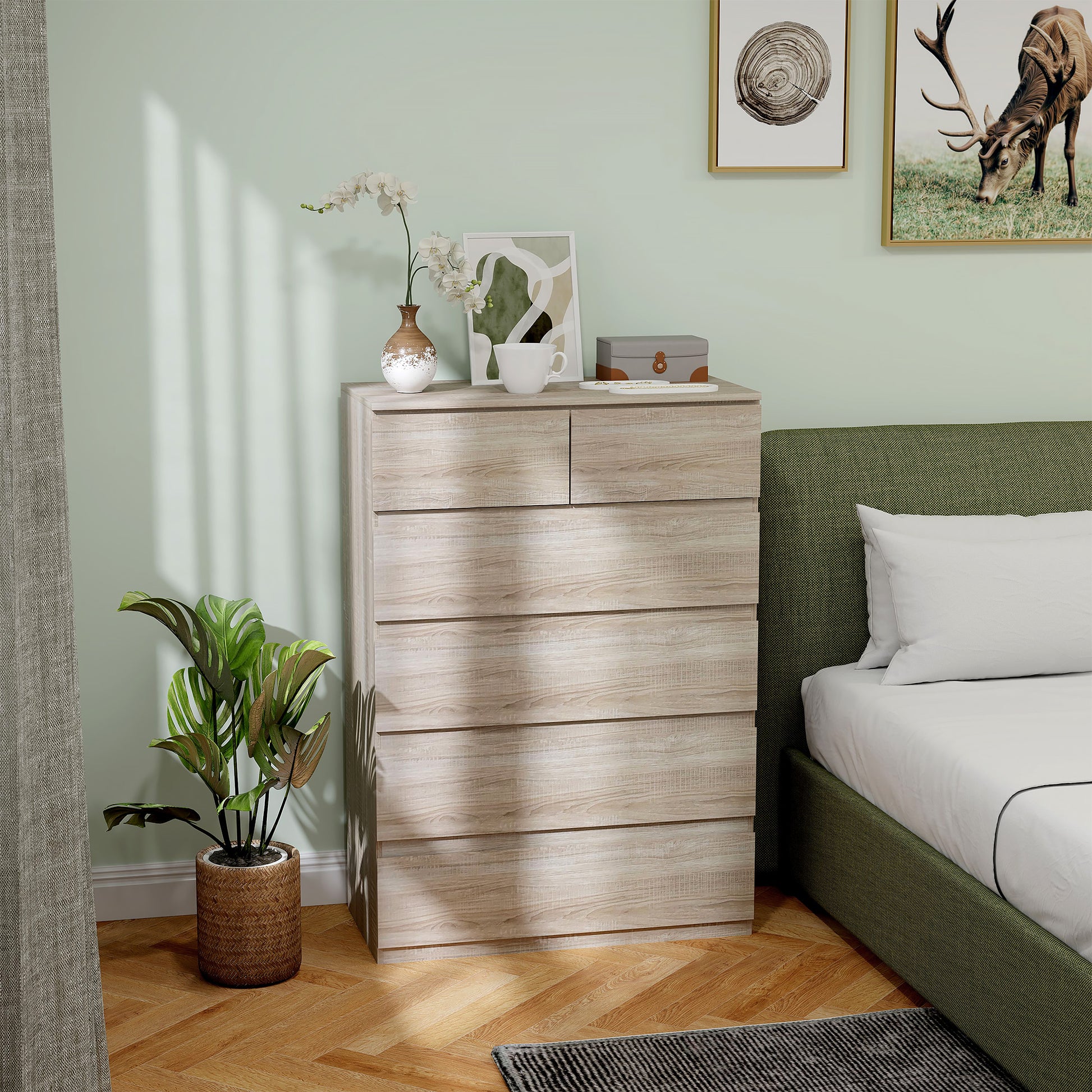 6-Drawer Chest of Drawers Storage Unit with Minimalist Handleless Design - 80 x 39 x 115 cm - Natural Wood