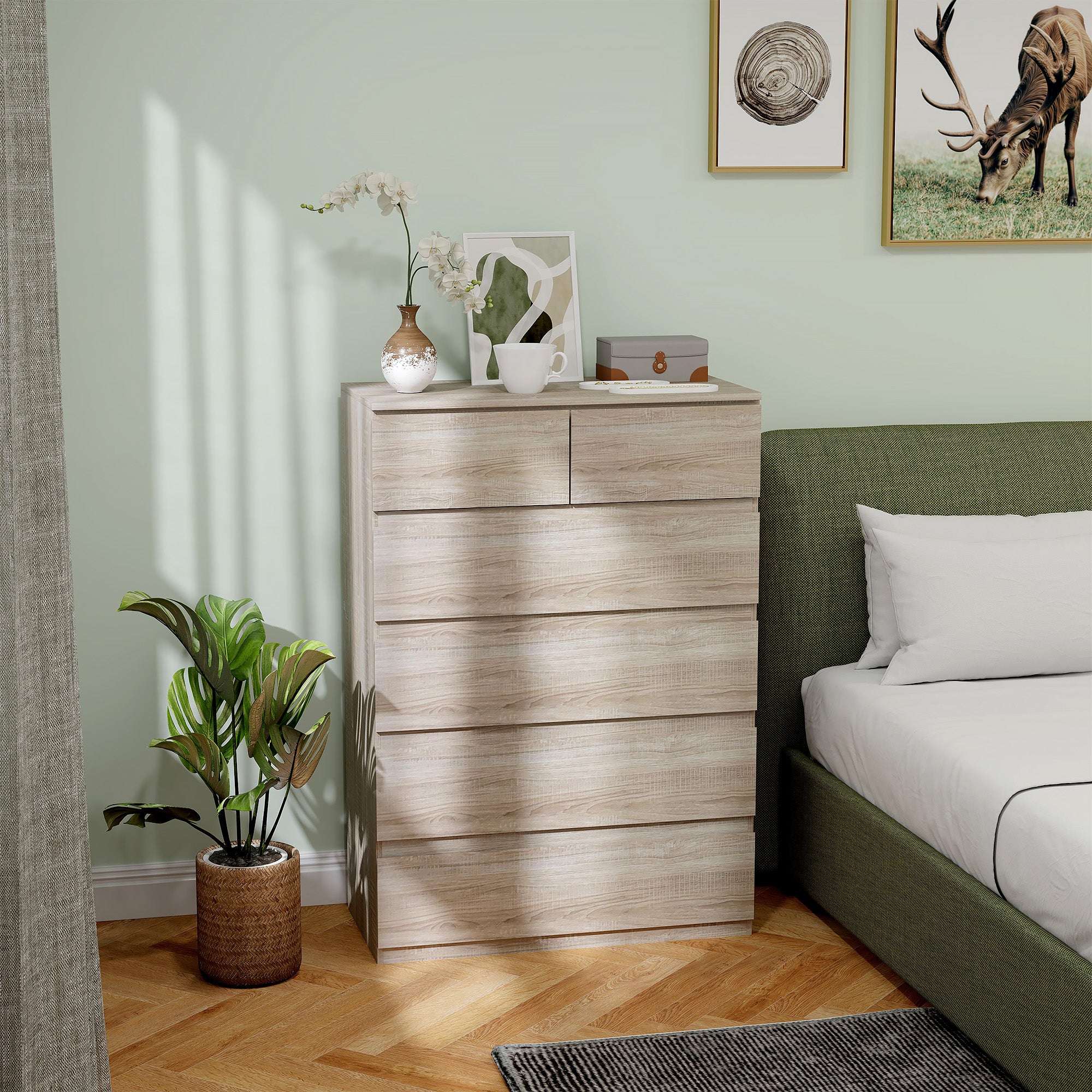 6-Drawer Chest of Drawers Storage Unit with Minimalist Handleless Design - 80 x 39 x 115 cm - Natural Wood