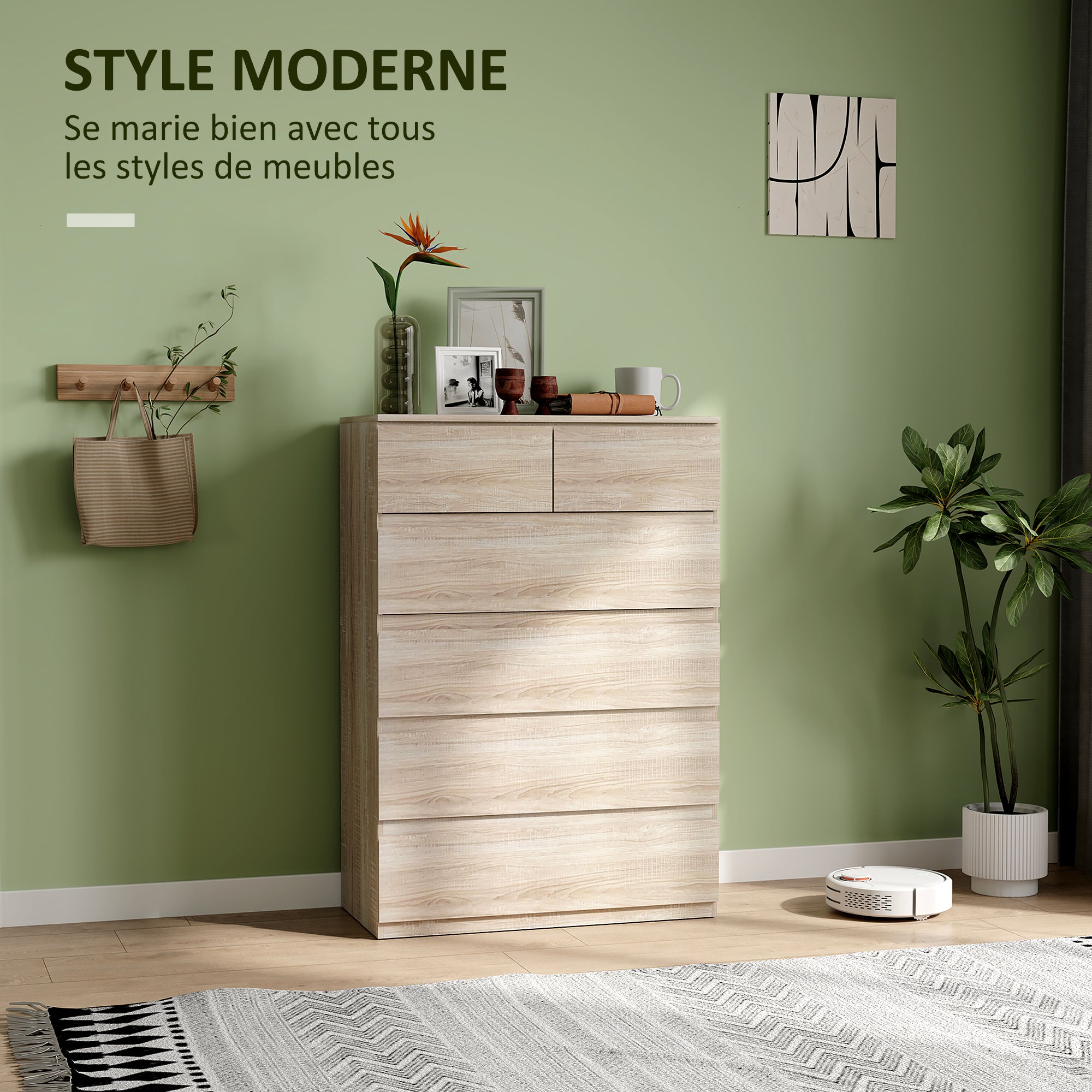 6-Drawer Chest of Drawers Storage Unit with Minimalist Handleless Design - 80 x 39 x 115 cm - Natural Wood