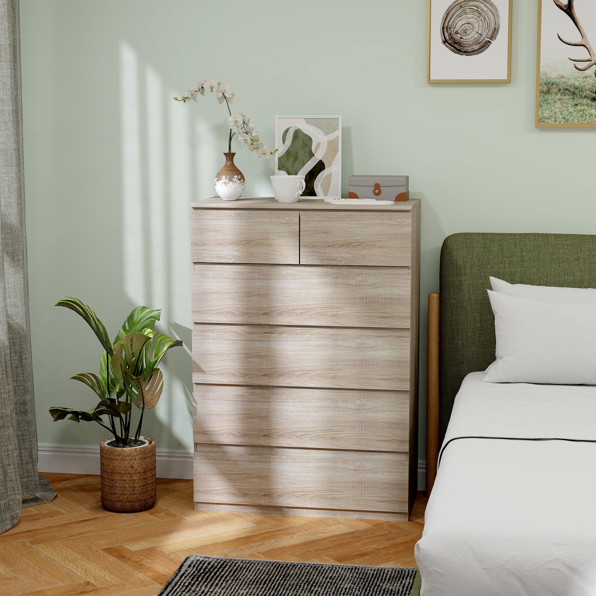 6-Drawer Chest of Drawers Storage Unit with Minimalist Handleless Design - 80 x 39 x 115 cm - Natural Wood
