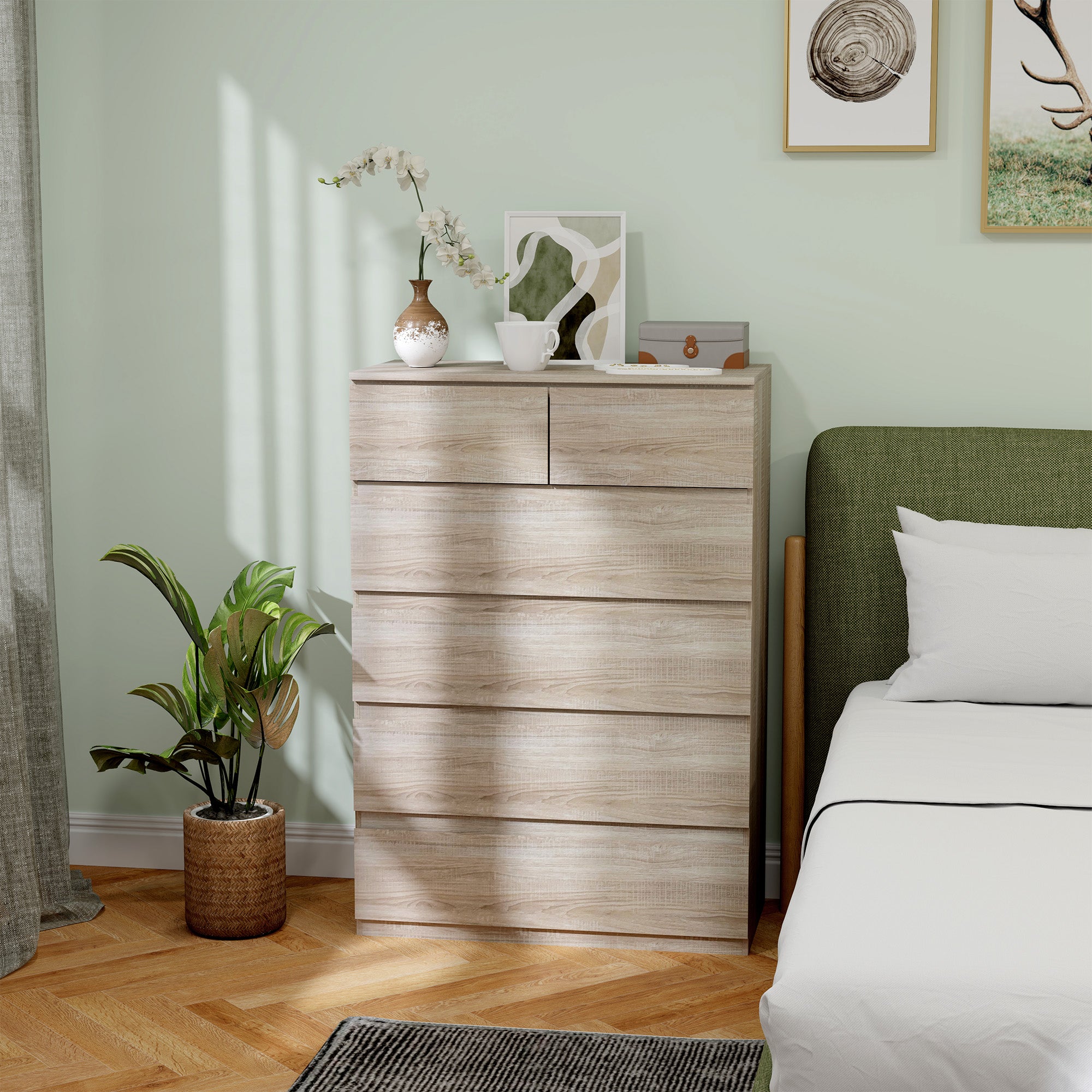 6-Drawer Chest of Drawers Storage Unit with Minimalist Handleless Design - 80 x 39 x 115 cm - Natural Wood