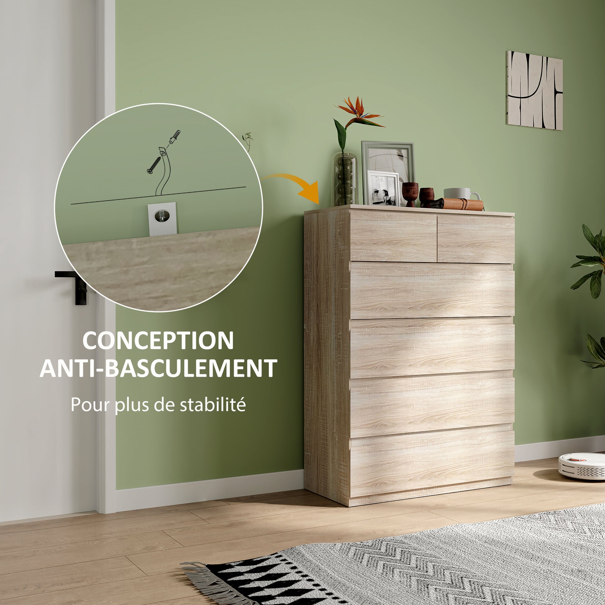 6-Drawer Chest of Drawers Storage Unit with Minimalist Handleless Design - 80 x 39 x 115 cm - Natural Wood