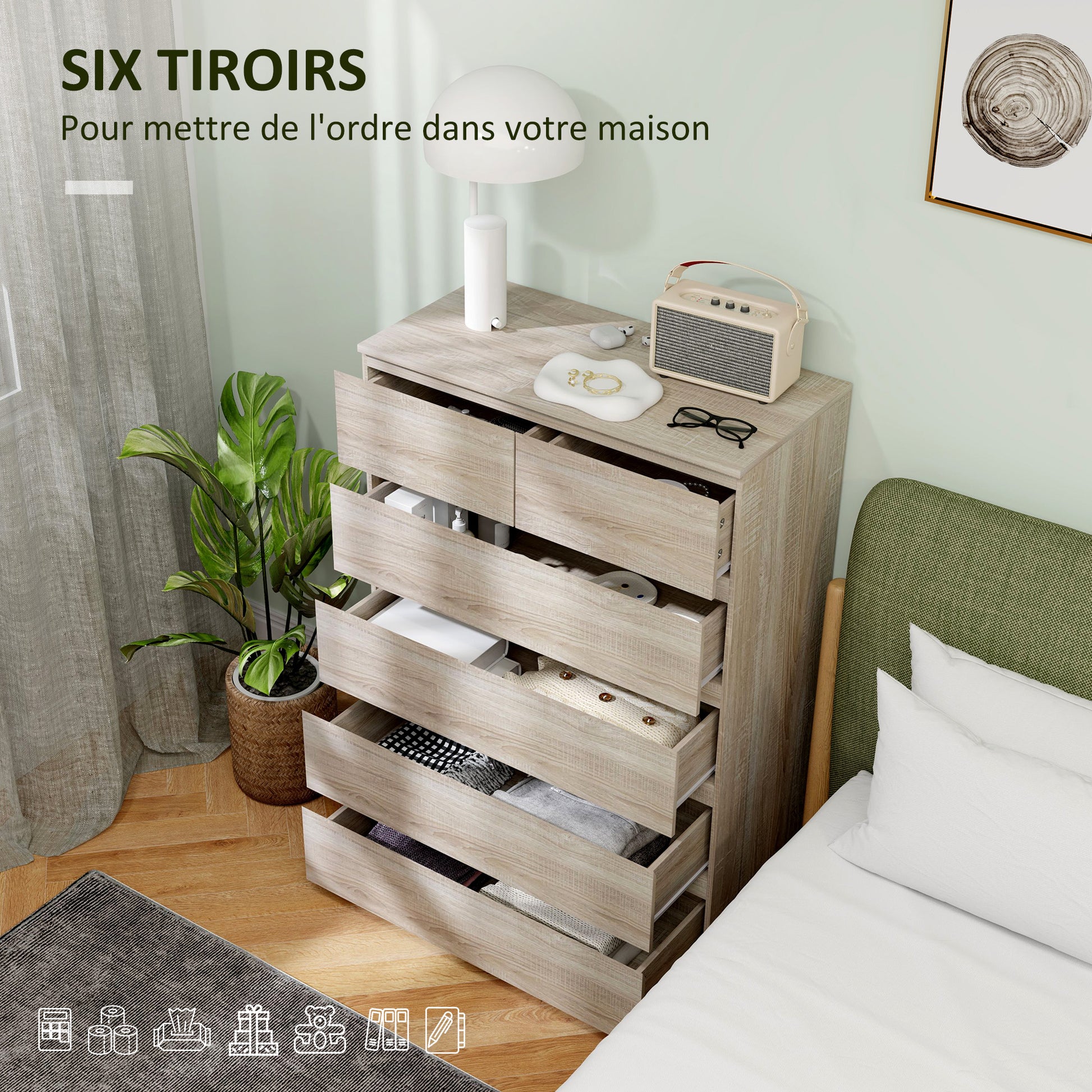 6-Drawer Chest of Drawers Storage Unit with Minimalist Handleless Design - 80 x 39 x 115 cm - Natural Wood