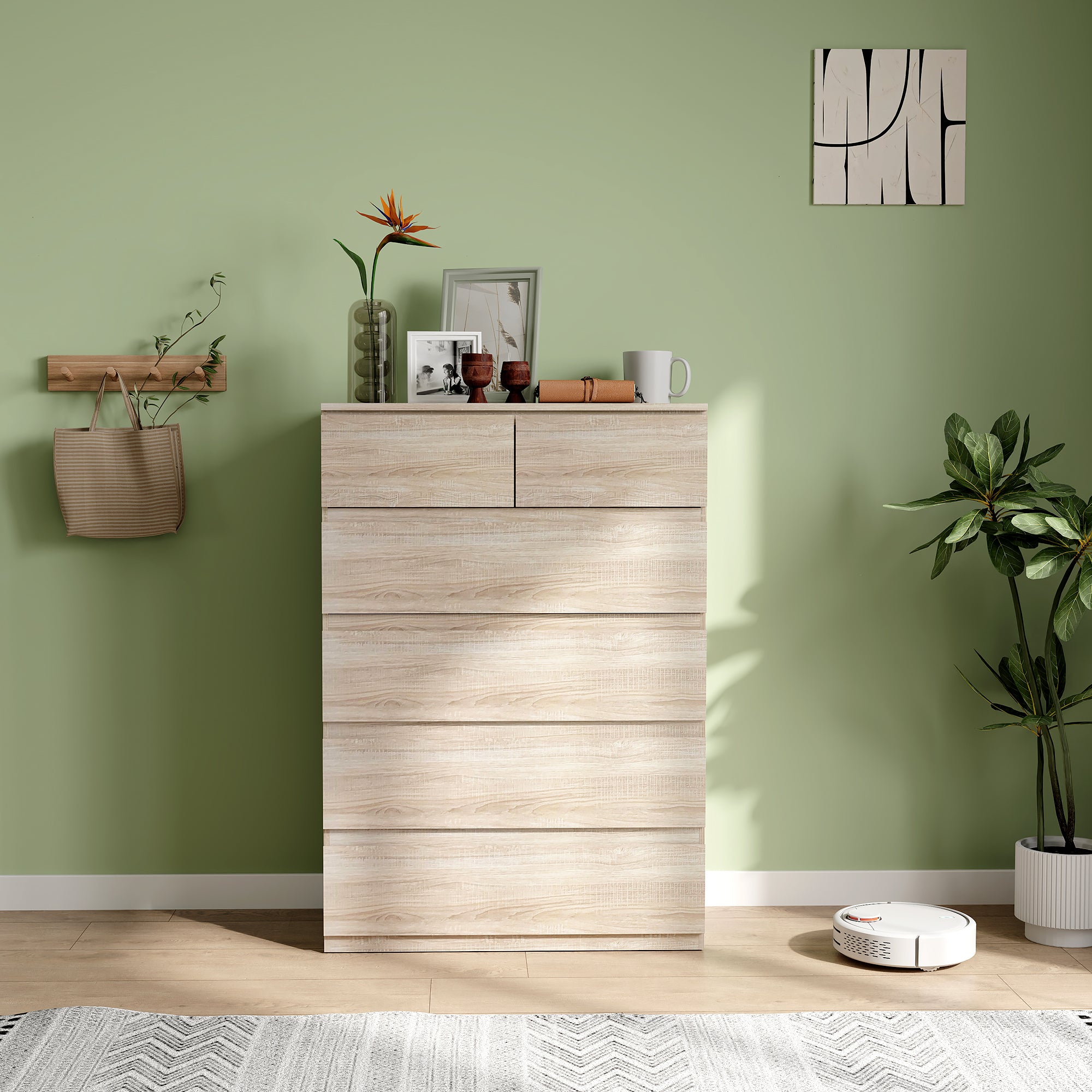 6-Drawer Chest of Drawers Storage Unit with Minimalist Handleless Design - 80 x 39 x 115 cm - Natural Wood