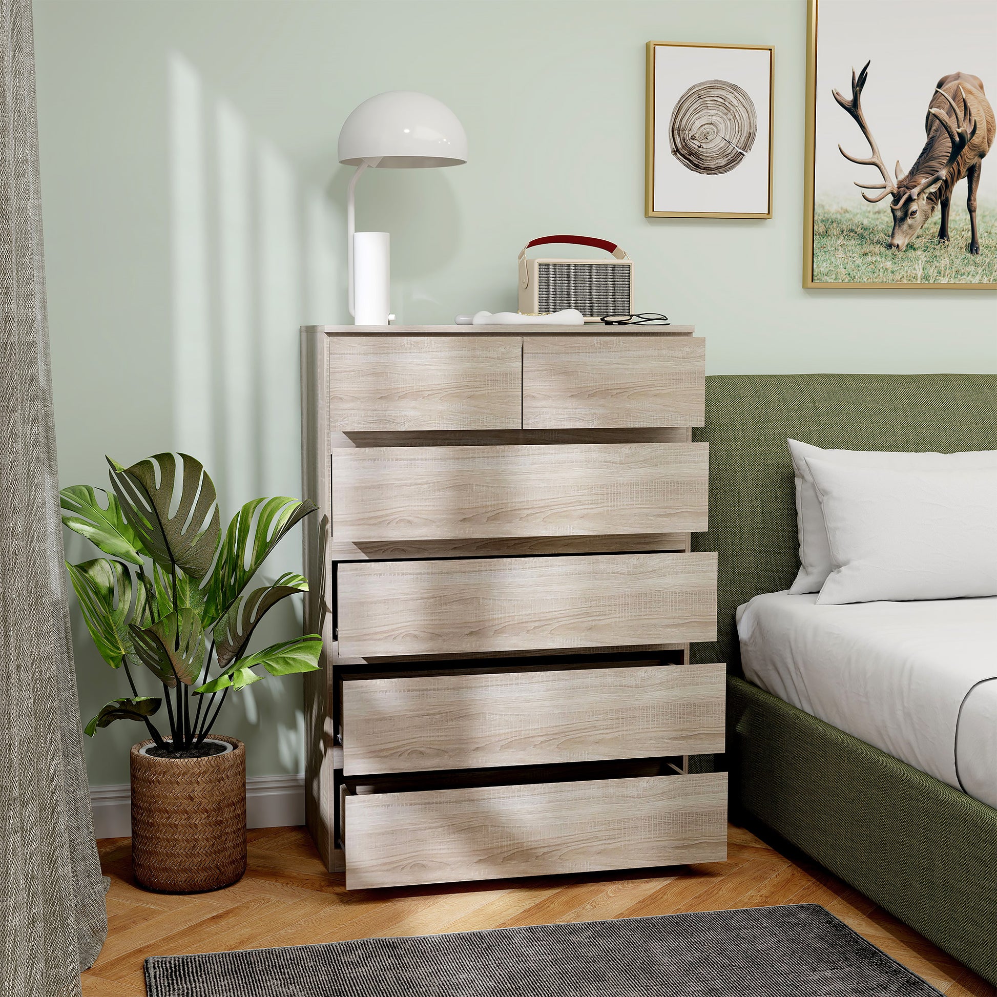 6-Drawer Chest of Drawers Storage Unit with Minimalist Handleless Design - 80 x 39 x 115 cm - Natural Wood