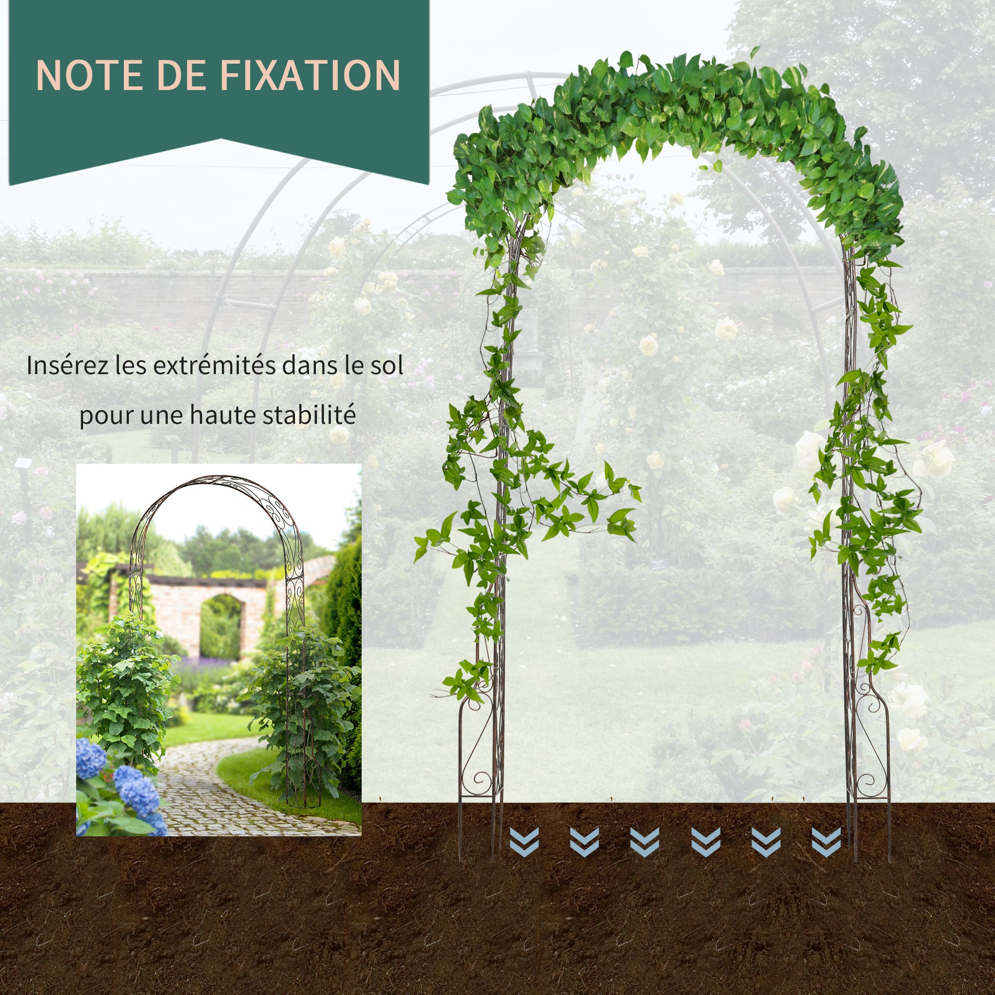 Garden Arch Rose Arch Vintage Wrought Iron Style 120L x 30W x 226H cm Black Copper-Aged Metal Epoxy