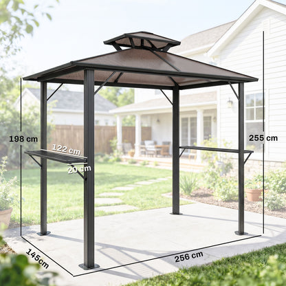 Grill Pavilion 2.5 x 1.5 m (approx. 8.2 x 4.9 ft) — Waterproof Double Polycarbonate Roof BBQ Canopy with Side Shelves, Aluminum Frame, UV-Resistant, Brown