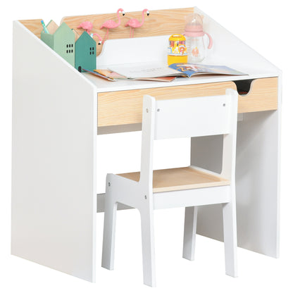 Kids Desk with Chair for 3-6 Years Old Children 2 in 1 Children's Desk Set 2 Pieces with Drawer and Bookshelves 70x50x75 cm White and Natural
