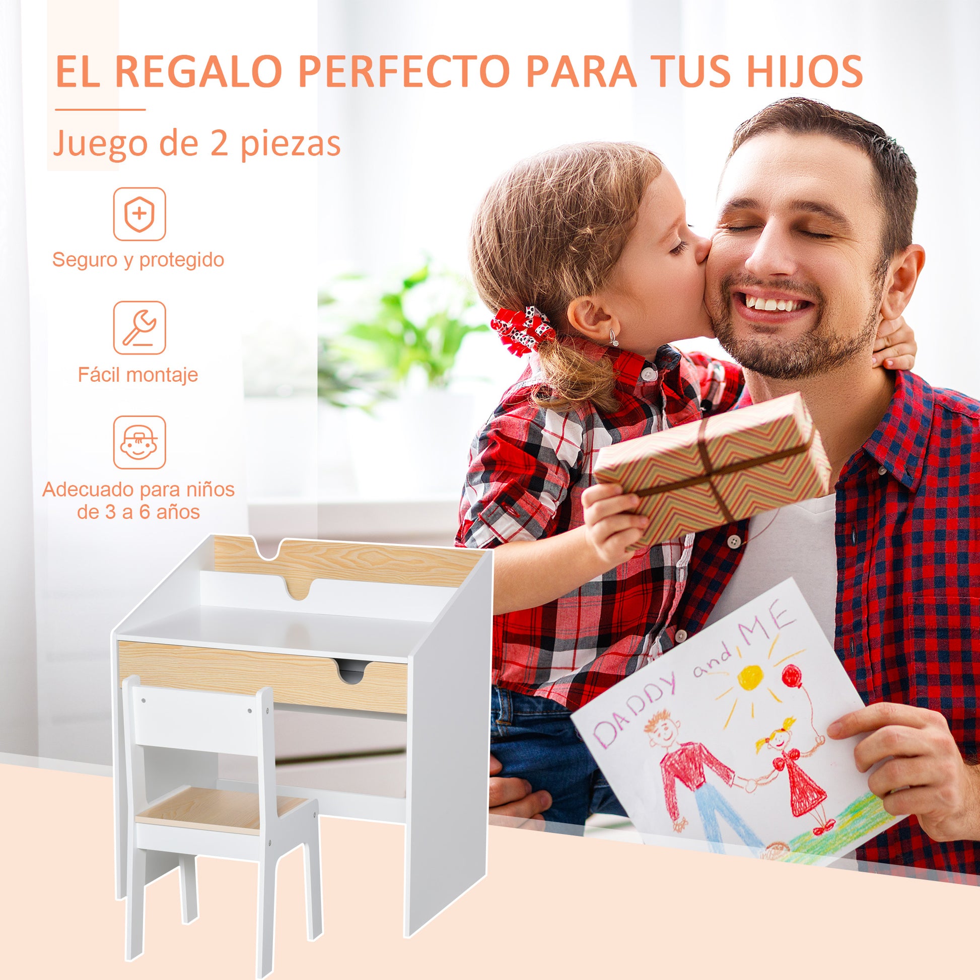 Kids Desk with Chair for 3-6 Years Old Children 2 in 1 Children's Desk Set 2 Pieces with Drawer and Bookshelves 70x50x75 cm White and Natural