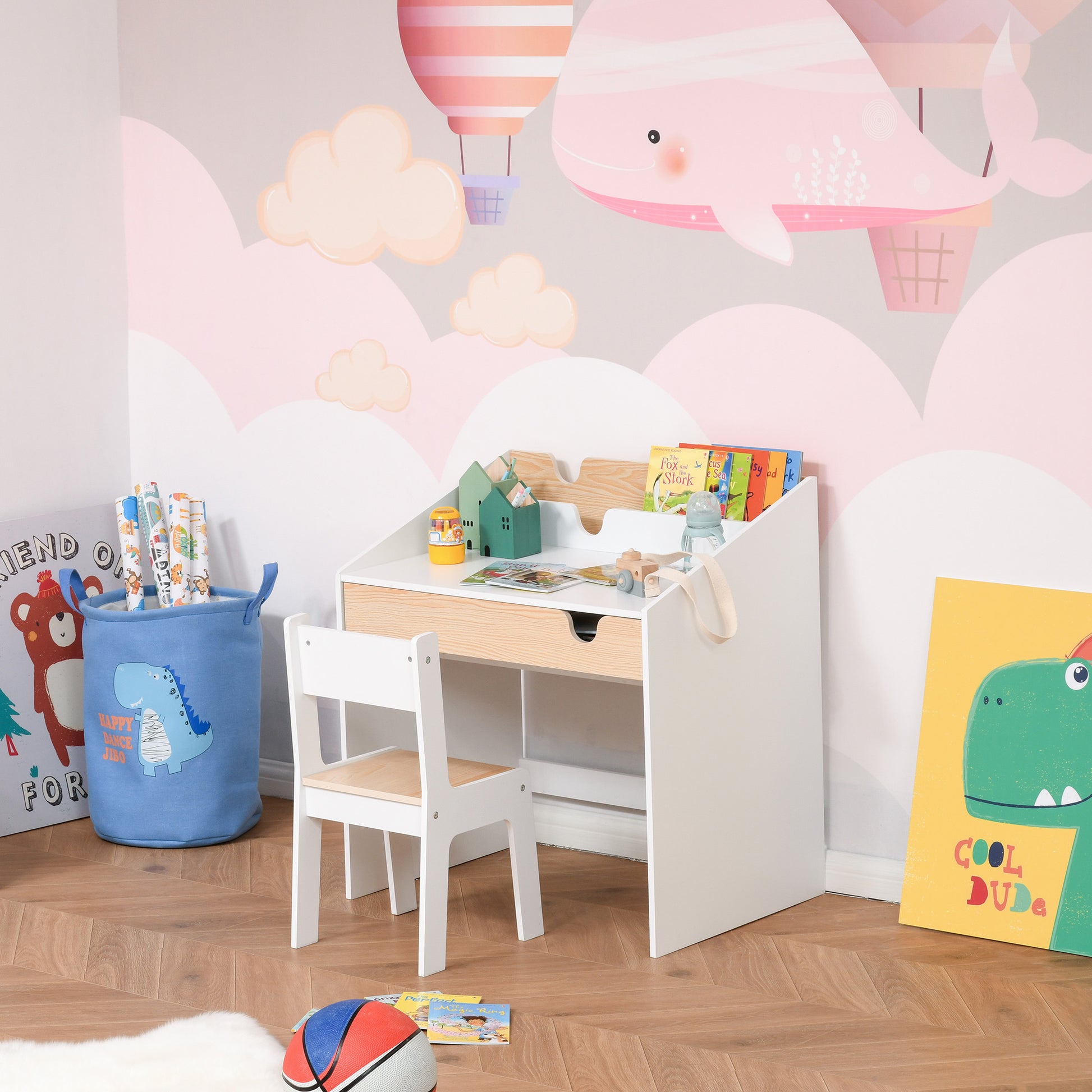 Kids Desk with Chair for 3-6 Years Old Children 2 in 1 Children's Desk Set 2 Pieces with Drawer and Bookshelves 70x50x75 cm White and Natural