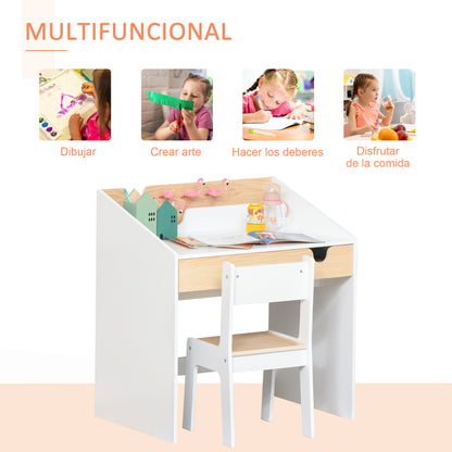 Kids Desk with Chair for 3-6 Years Old Children 2 in 1 Children's Desk Set 2 Pieces with Drawer and Bookshelves 70x50x75 cm White and Natural