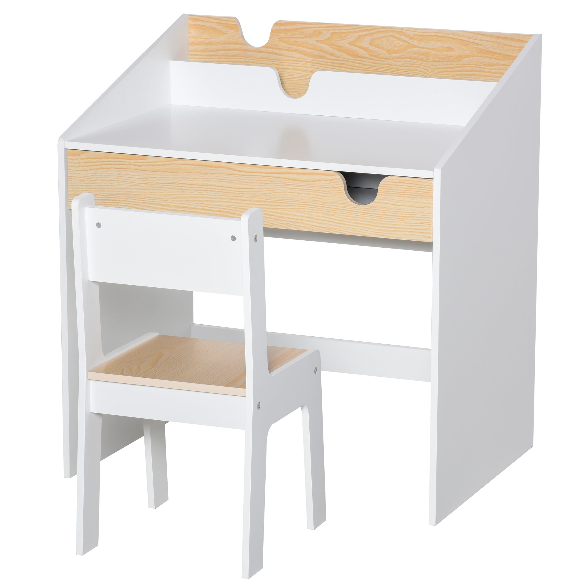 Kids Desk with Chair for 3-6 Years Old Children 2 in 1 Children's Desk Set 2 Pieces with Drawer and Bookshelves 70x50x75 cm White and Natural