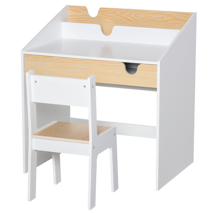Kids Desk with Chair for 3-6 Years Old Children 2 in 1 Children's Desk Set 2 Pieces with Drawer and Bookshelves 70x50x75 cm White and Natural