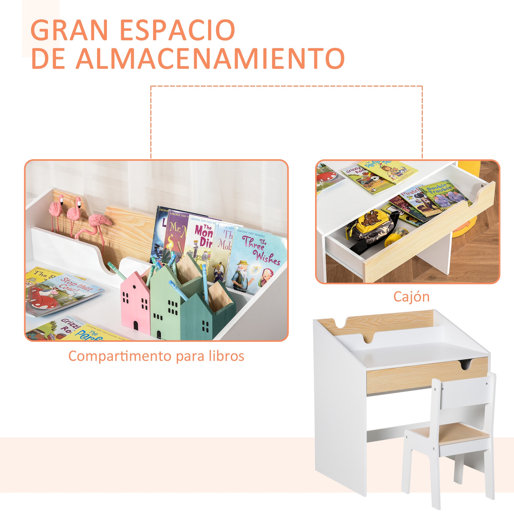 Kids Desk with Chair for 3-6 Years Old Children 2 in 1 Children's Desk Set 2 Pieces with Drawer and Bookshelves 70x50x75 cm White and Natural