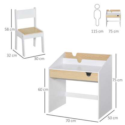 Kids Desk with Chair for 3-6 Years Old Children 2 in 1 Children's Desk Set 2 Pieces with Drawer and Bookshelves 70x50x75 cm White and Natural