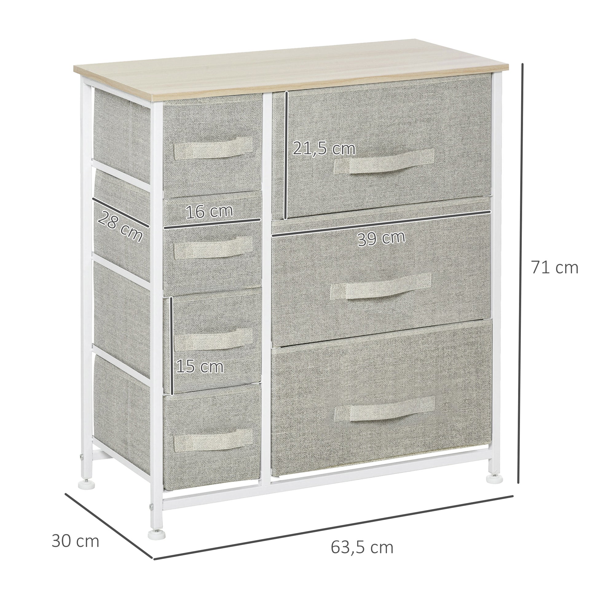 Drawer Cabinet Storage Cabinet with Foldable 7 Fabric Drawers Metal Frame + Wood + Non-Woven Fabric Light Grey 63.5 x 30 x 71 cm