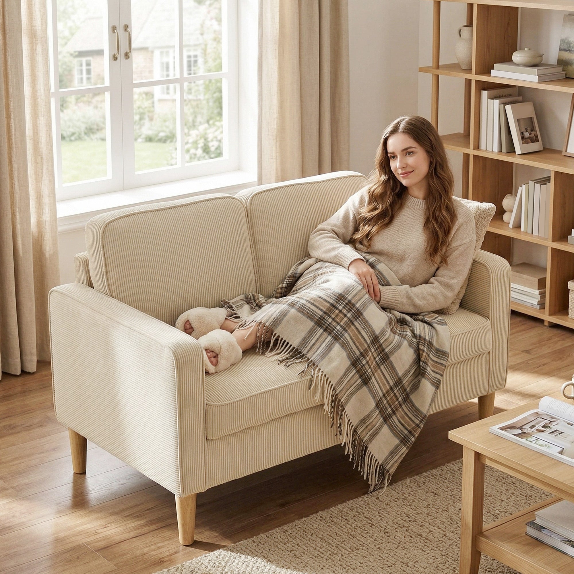 2-Seater Corduroy Loveseat with Under-Seat Storage & 2 Throw Pillows, Solid Wood Legs — Beige (46.1" x 24.8" x 31.1")