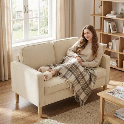 2-Seater Corduroy Loveseat with Under-Seat Storage & 2 Throw Pillows, Solid Wood Legs — Beige (46.1" x 24.8" x 31.1")