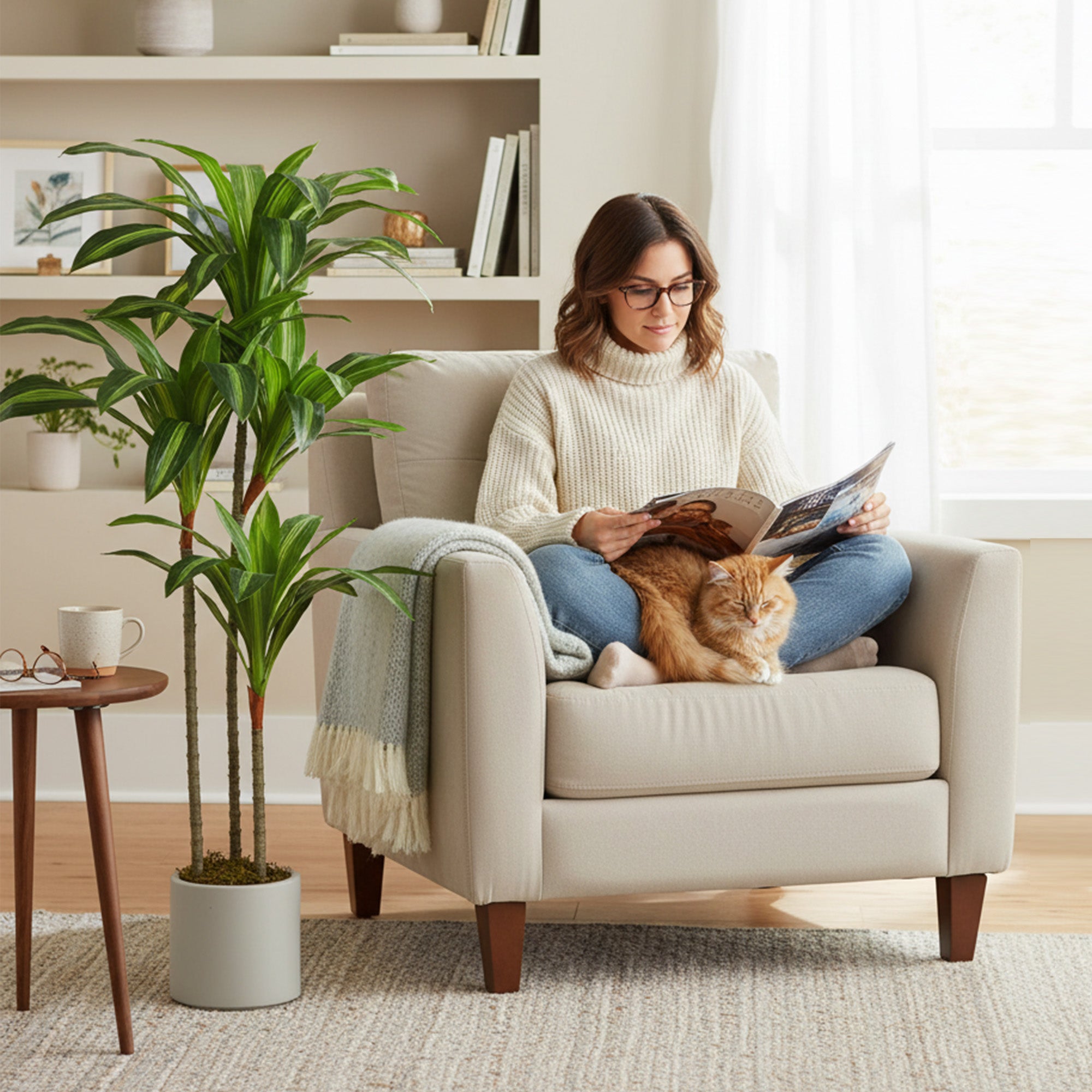 Dracaena Artificial Plant with Adjustable Branches, White PP & Cement Pot – PEVA Leaves & Wood Trunk, 60 × 40 × 120 cm (24 × 16 × 47 in)