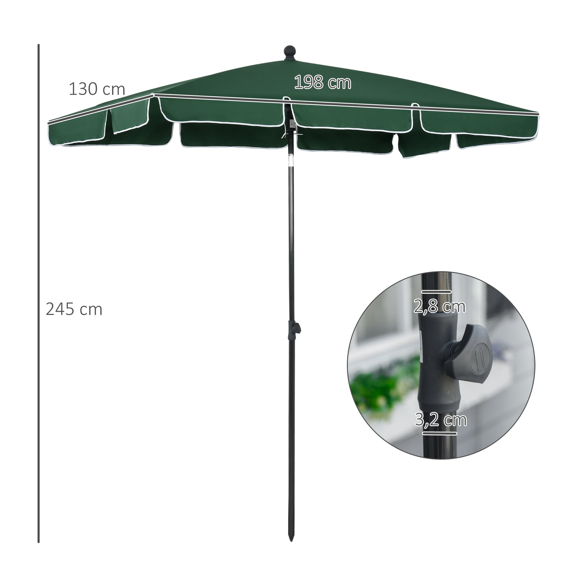 Aluminum Garden Umbrella 198x130x245 cm Rectangular Garden Parasol with Tilt Function for Terrace Patio Outdoor Green