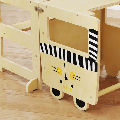 3-in-1 Foldable Learning Tower — Convertible to Desk & Chair, Learning Stool for 2–5-Year-Olds with Chalkboard, Cat Prints, for Bathroom & Kitchen, Natural