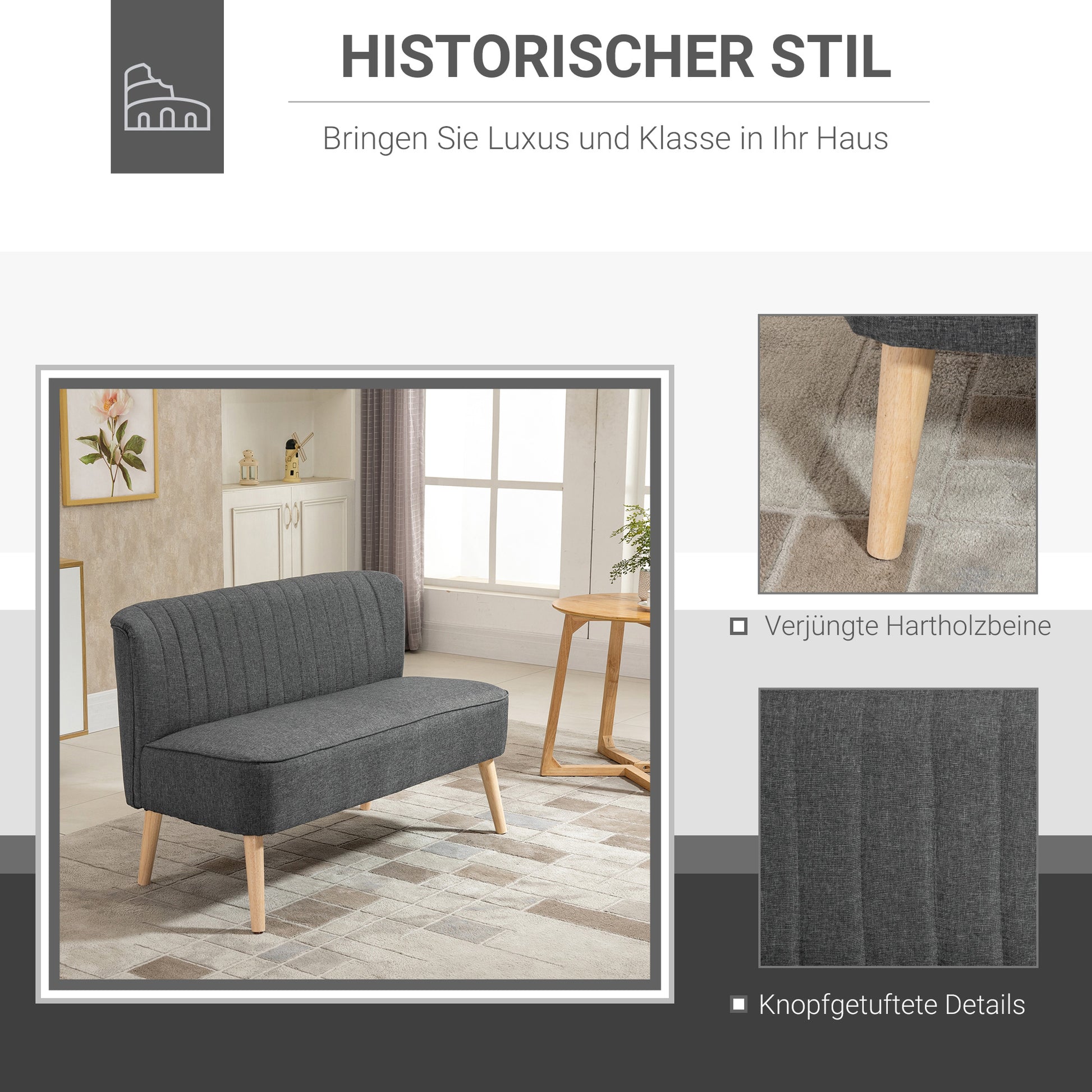 2-Seater Fabric Sofa Upholstered Sofa Double Sofa Retro Look Seating Furniture Lounge Sofa Wooden Frame Light Grey 117 x 56.5 x 77 cm