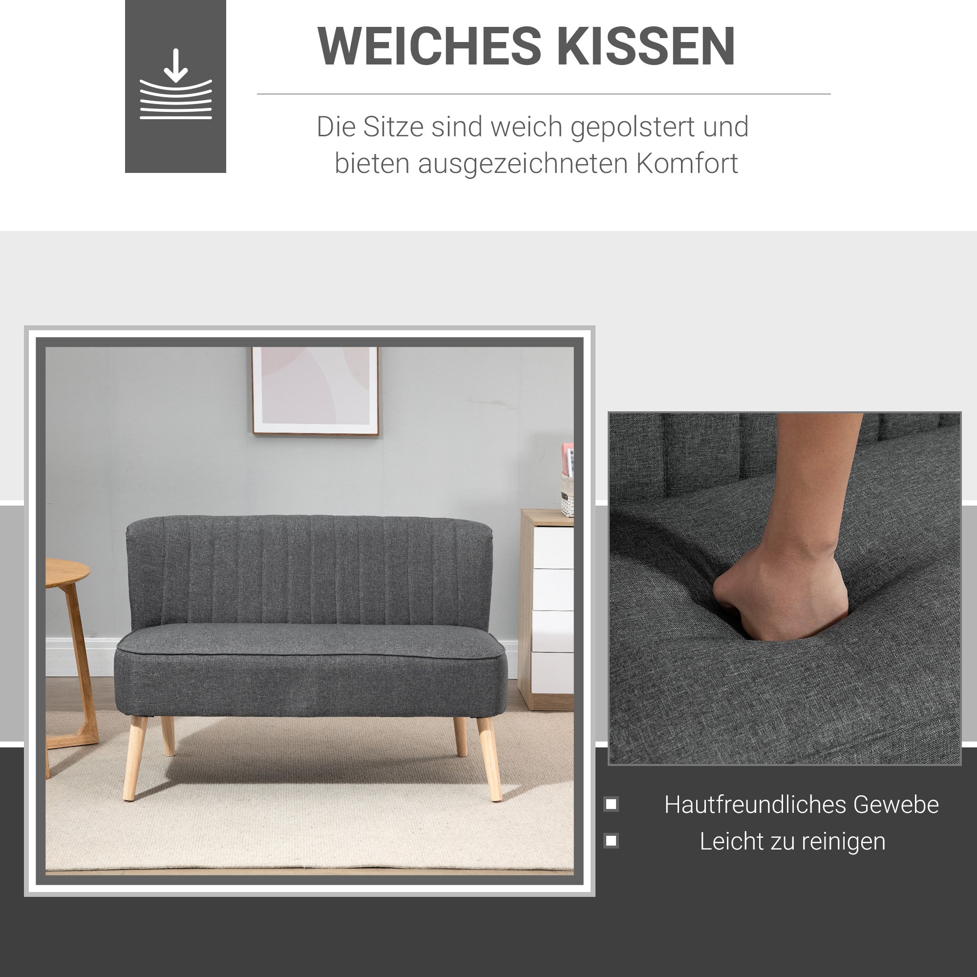 2-Seater Fabric Sofa Upholstered Sofa Double Sofa Retro Look Seating Furniture Lounge Sofa Wooden Frame Light Grey 117 x 56.5 x 77 cm