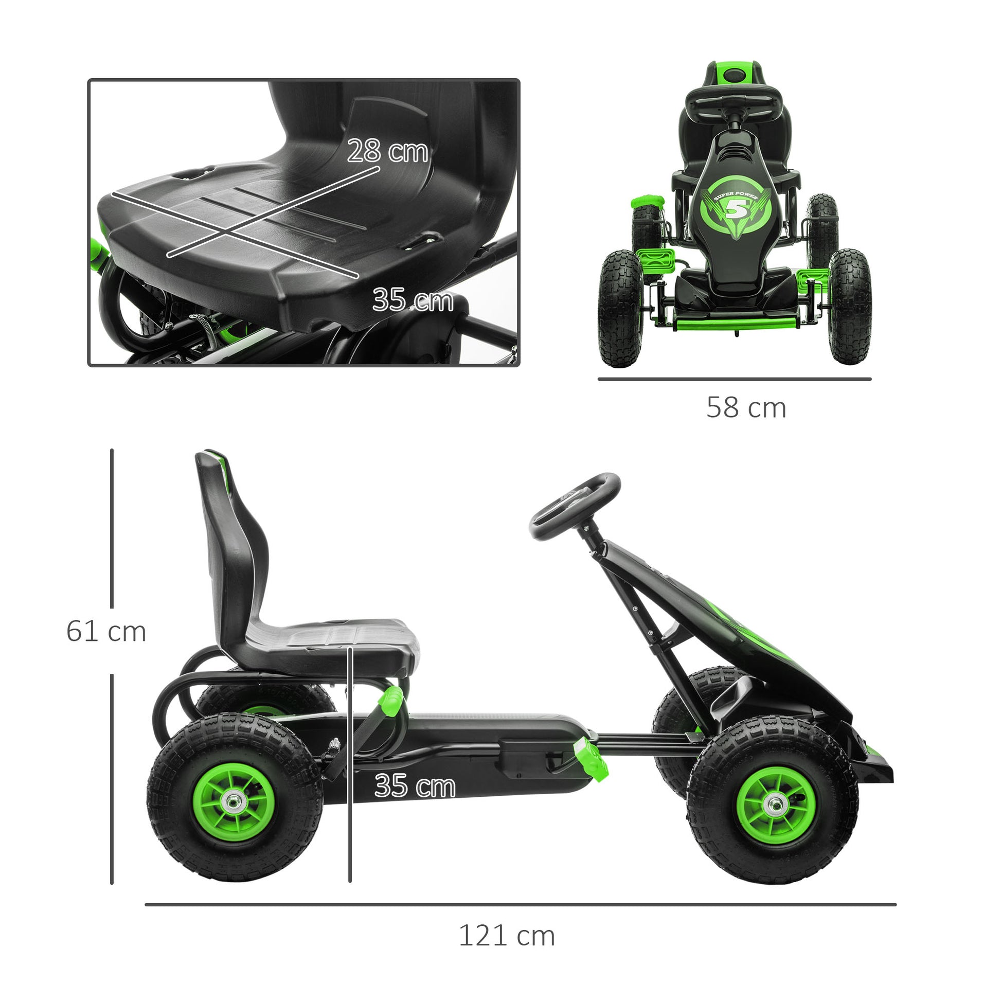 Go-Kart, Children's Vehicle with Adjustable Seat, Pedal Go-Cart with Rubber Tires, Pedal and Hand Brake, Kettcar for 5-12 Years Children, Outdoor, Green