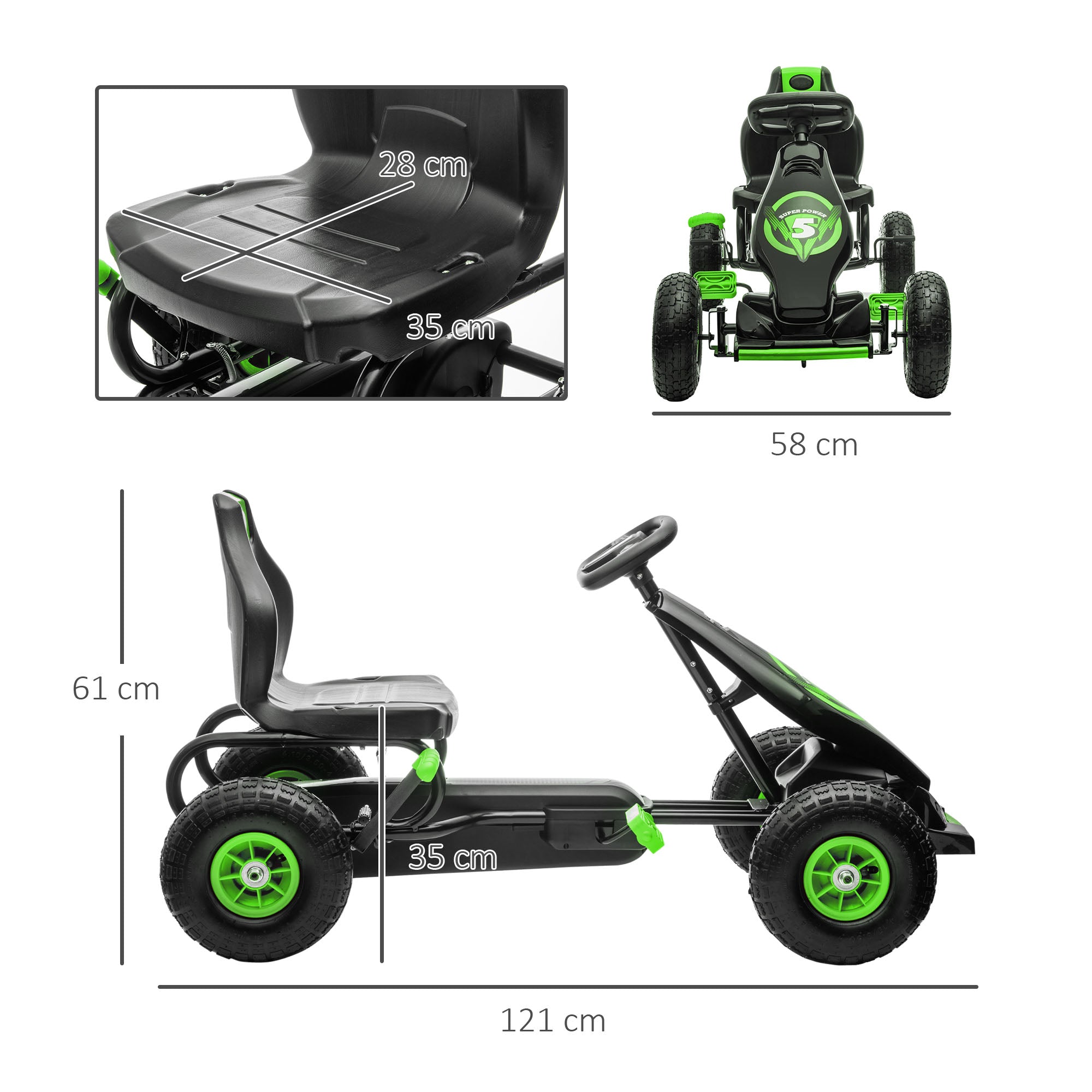 Go-Kart, Children's Vehicle with Adjustable Seat, Pedal Go-Cart with Rubber Tires, Pedal and Hand Brake, Kettcar for 5-12 Years Children, Outdoor, Green