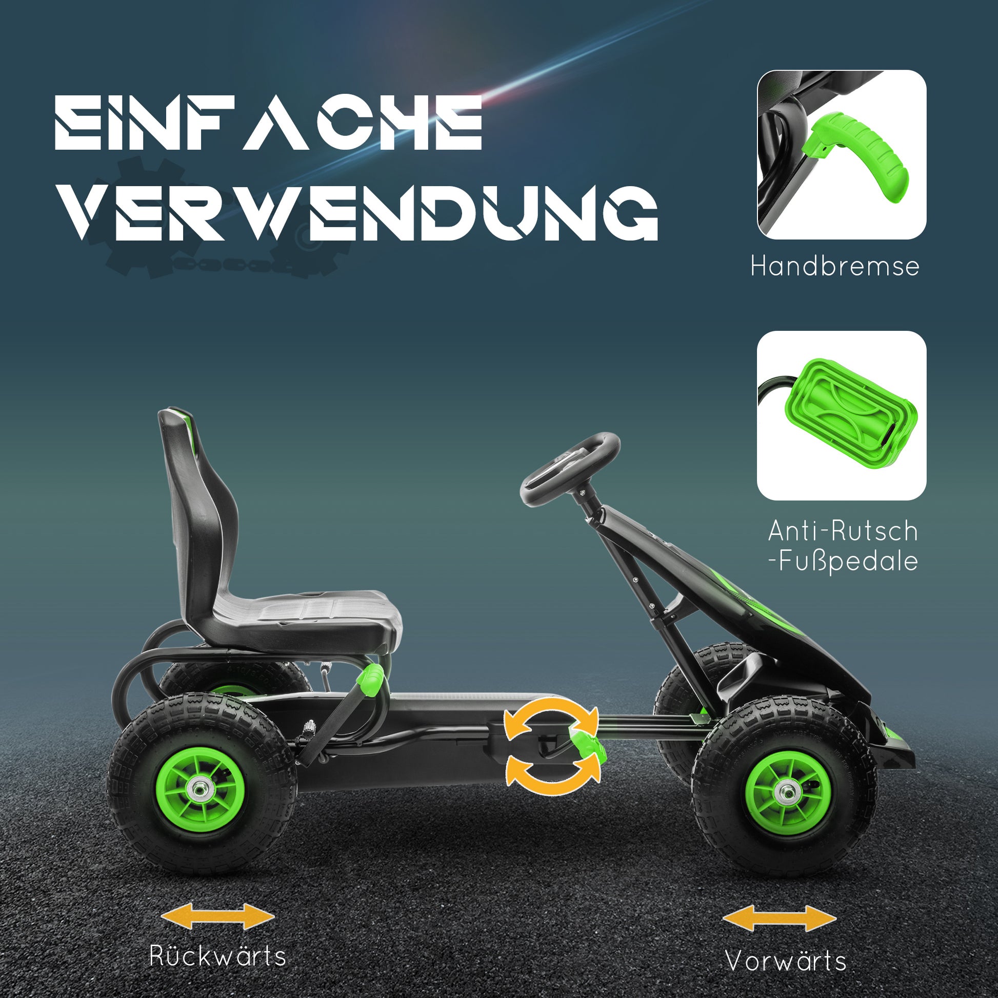 Go-Kart, Children's Vehicle with Adjustable Seat, Pedal Go-Cart with Rubber Tires, Pedal and Hand Brake, Kettcar for 5-12 Years Children, Outdoor, Green