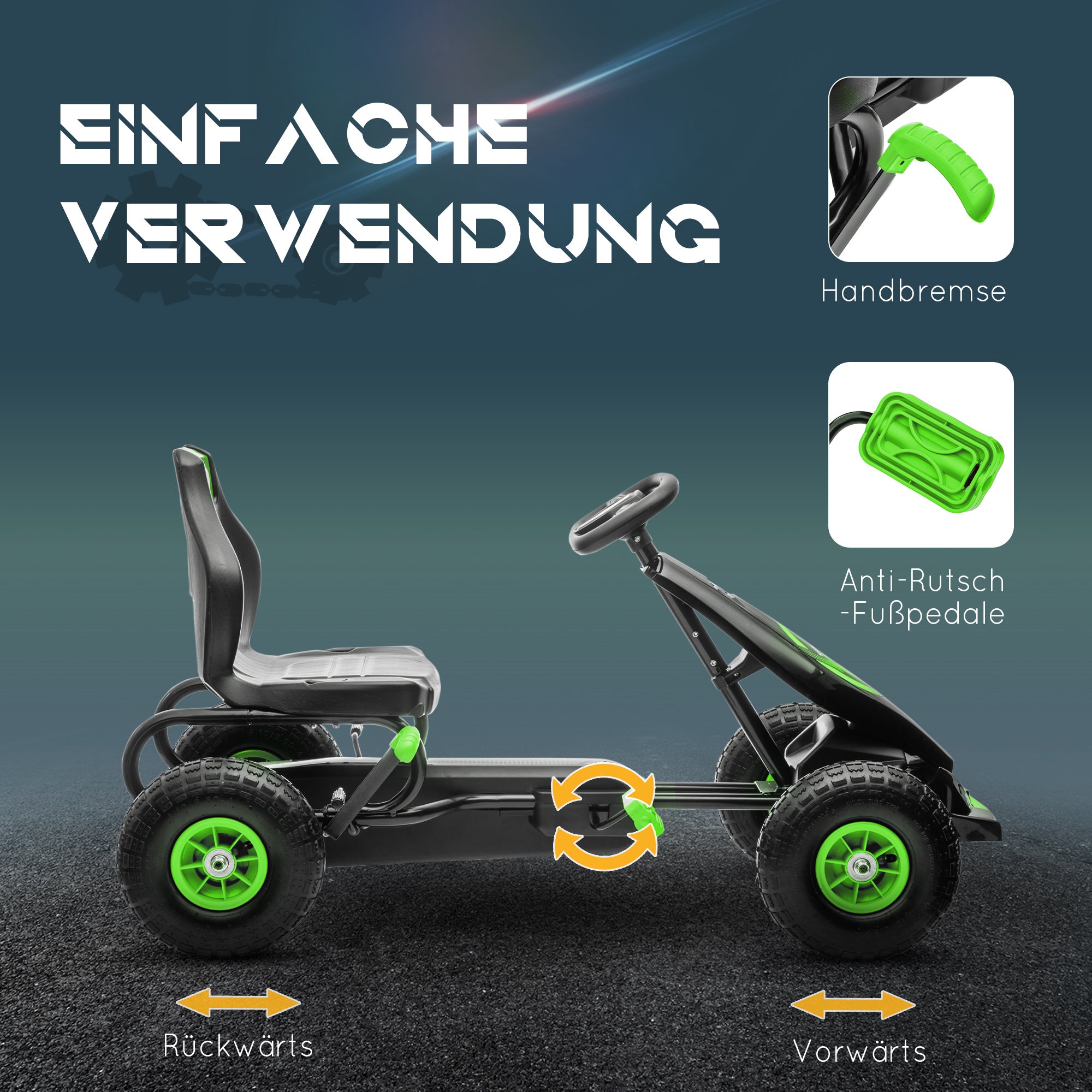 Go-Kart, Children's Vehicle with Adjustable Seat, Pedal Go-Cart with Rubber Tires, Pedal and Hand Brake, Kettcar for 5-12 Years Children, Outdoor, Green