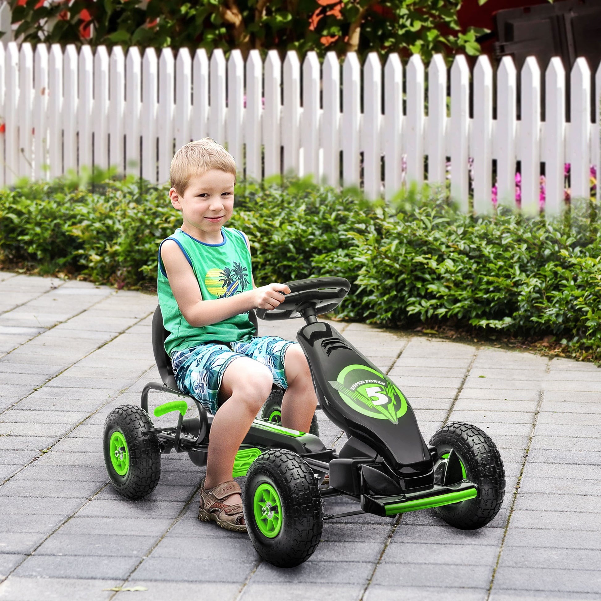 Go-Kart, Children's Vehicle with Adjustable Seat, Pedal Go-Cart with Rubber Tires, Pedal and Hand Brake, Kettcar for 5-12 Years Children, Outdoor, Green