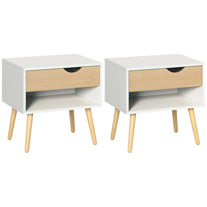 Set of 2 Bedside Tables Bedside Table with Drawer and Storage Shelf for Bedroom Living Room Bed Office Modern Style 50x39x51 cm White and Oak