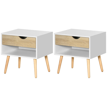 Set of 2 Bedside Tables Bedside Table with Drawer and Storage Shelf for Bedroom Living Room Bed Office Modern Style 50x39x51 cm White and Oak
