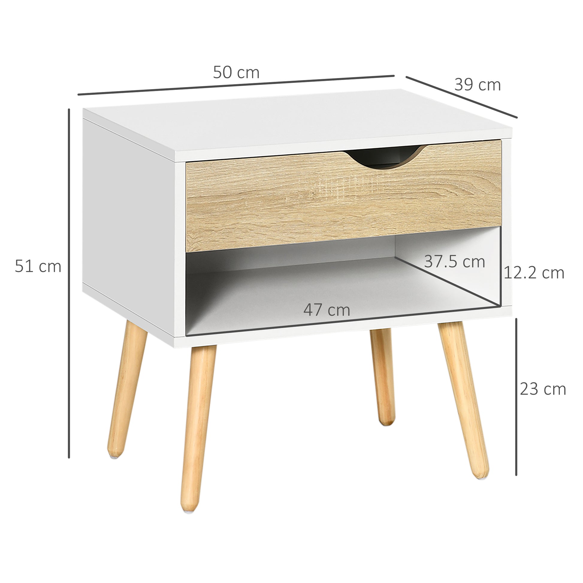 Set of 2 Bedside Tables Bedside Table with Drawer and Storage Shelf for Bedroom Living Room Bed Office Modern Style 50x39x51 cm White and Oak