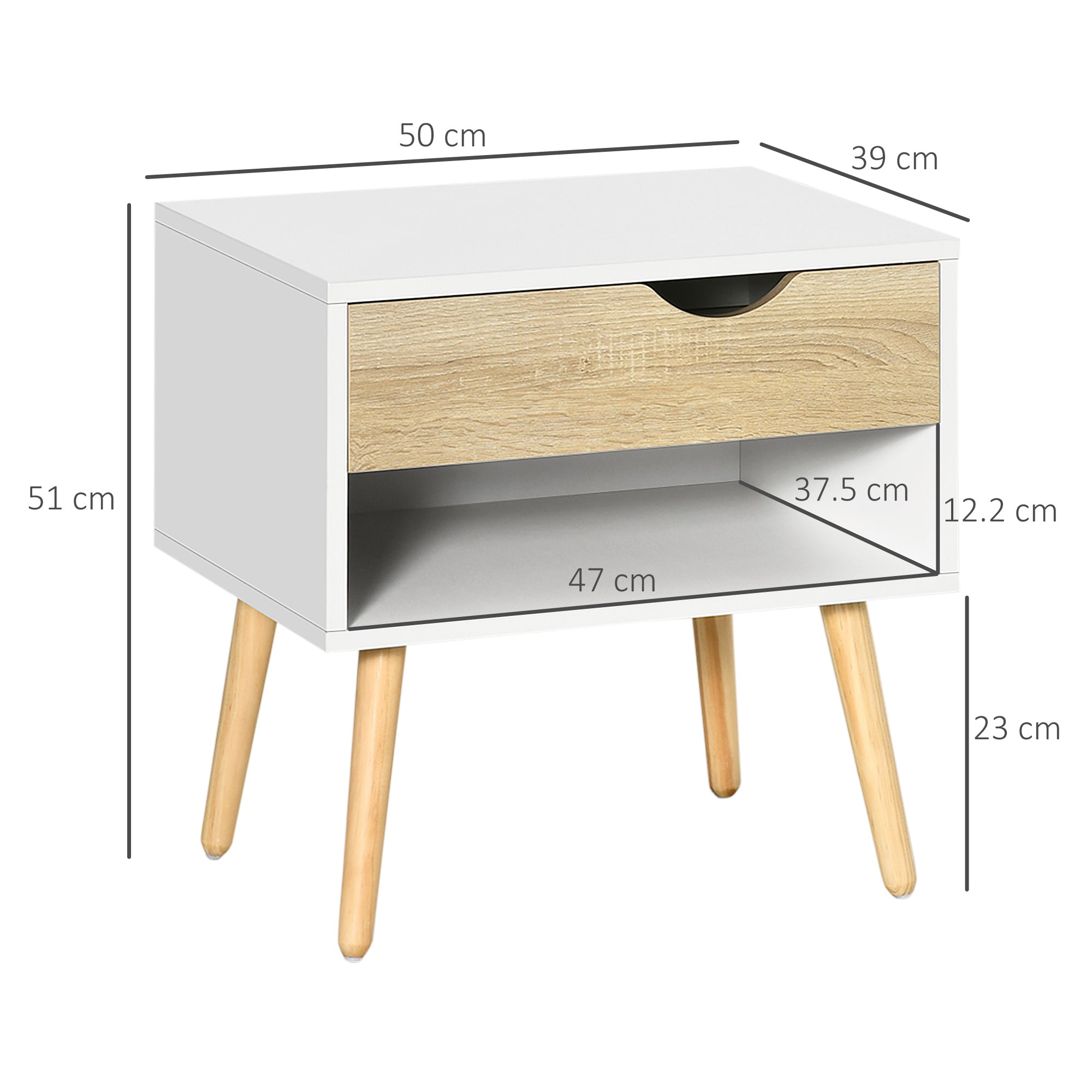 Set of 2 Bedside Tables Bedside Table with Drawer and Storage Shelf for Bedroom Living Room Bed Office Modern Style 50x39x51 cm White and Oak