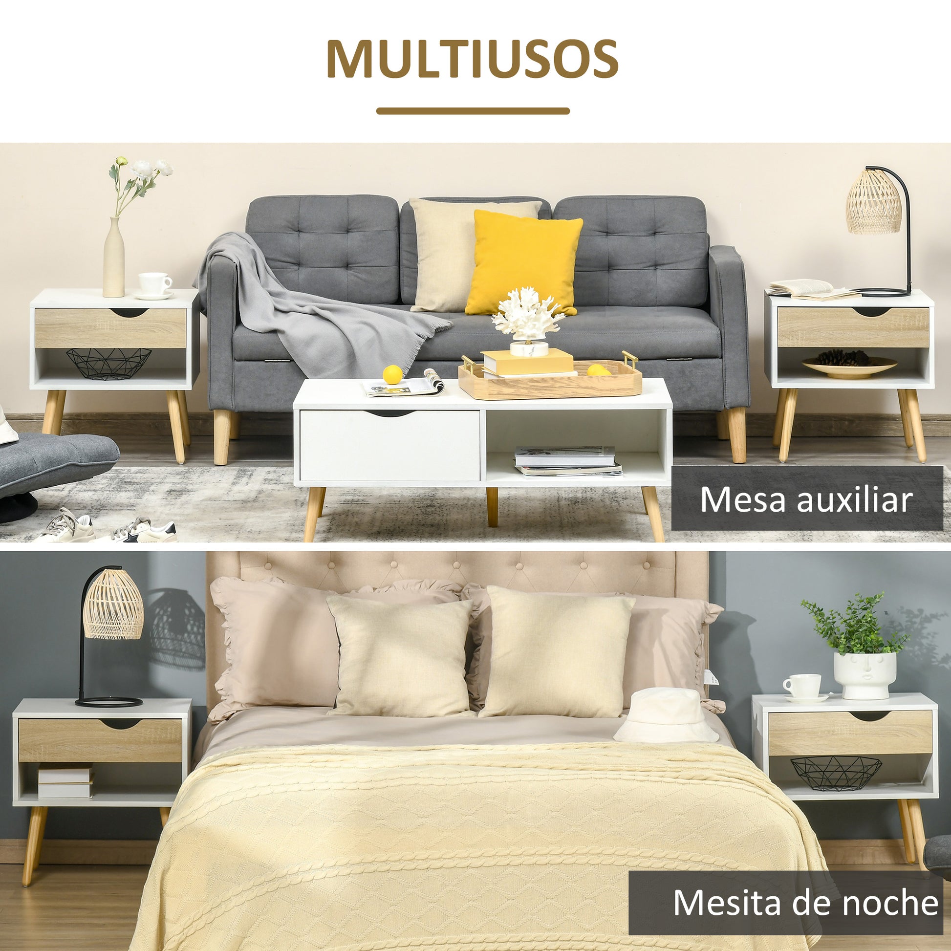 Set of 2 Bedside Tables Bedside Table with Drawer and Storage Shelf for Bedroom Living Room Bed Office Modern Style 50x39x51 cm White and Oak